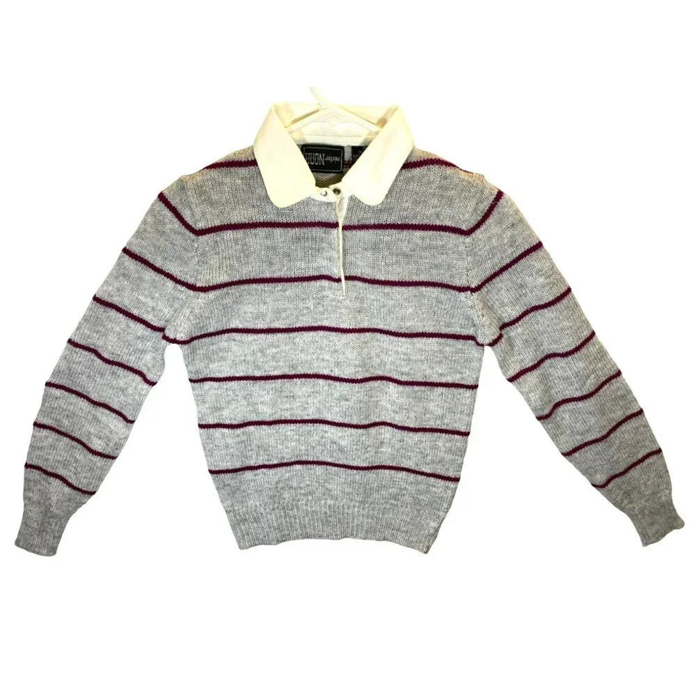 Vintage Striped Women's Sweater Grey New Tags Mister Noah Maroon Stripes Preppy - Picture 1 of 11